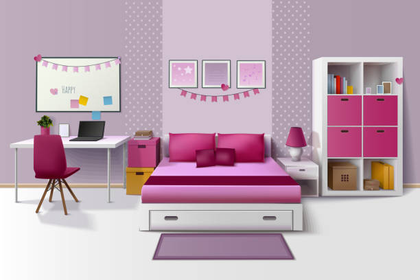 illustrazioni stock, clip art, cartoni animati e icone di tendenza di teen ragazza stanza interno realistico - domestic room child furniture nobody