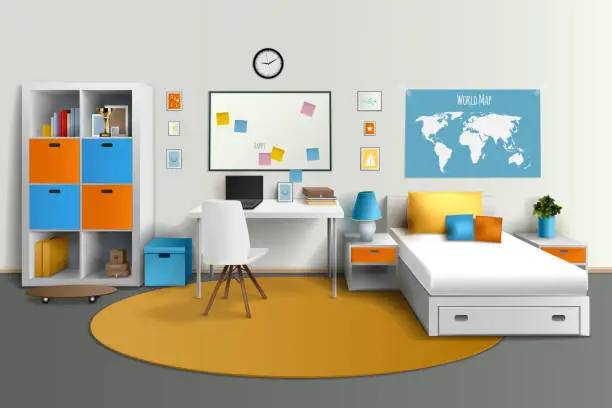 Vector illustration of teen boy room interior realistic