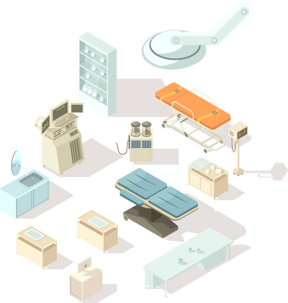 hospital isometric set 1 Medical equipment for hospital isometric icons set of special furniture for operating room and  intensive care flat vector illustration roentgen stock illustrations