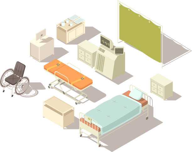 hospital isometric set 2 Isolated isometric elements of hospital interior with diagnostic equipment and furniture for patients flat vector illustration roentgen stock illustrations