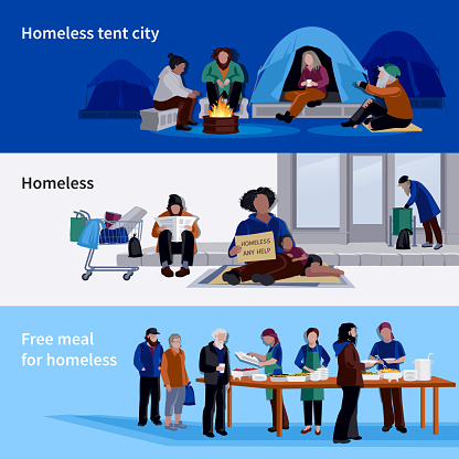 Homeless people horizontal banners asylum for jobless and free meal for hungers flat vector illustration