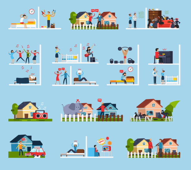 ilustrações de stock, clip art, desenhos animados e ícones de neighbors conflicts flat icons - baby icons audio