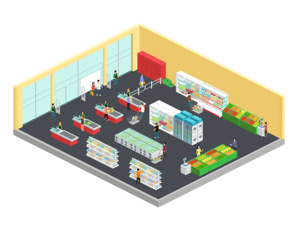 ilustrações de stock, clip art, desenhos animados e ícones de supermarket interior isometric - department store shopping mall store inside of