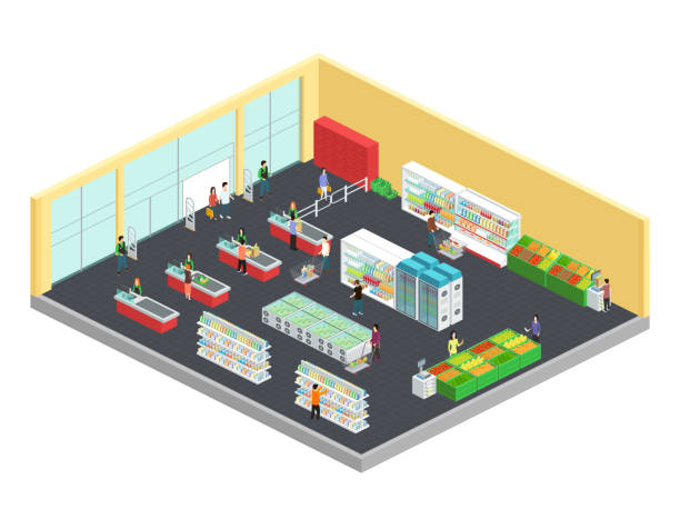 супермаркет интерьер изометрический - meat sales clerk customer retail stock illustrations