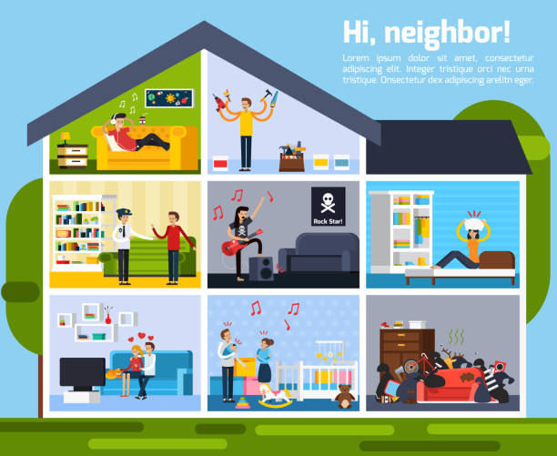 ilustrações de stock, clip art, desenhos animados e ícones de neighbors conflicts composition - baby icons audio