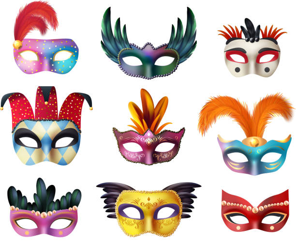 masquerade mask set realistic Authentic handmade venetian painted carnival face masks collection for party decoration or masquerade realistic isolated vector illustration italian music stock illustrations