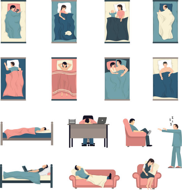 sleeping people set People sleeping in bed with kids cats together and at work desk flat icons set isolated vector illustration couch side view stock illustrations