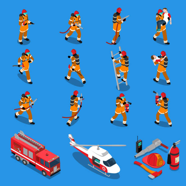 firefighter isometric set Fireman isometric set of firefighters in different situations truck helicopter extinguisher axe hose helmet isolated vector illustration emergency first response stock illustrations