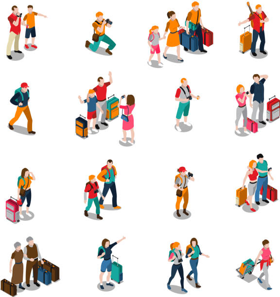 ilustraciones, imágenes clip art, dibujos animados e iconos de stock de personas de viaje iconos isométricos - viajes familiares