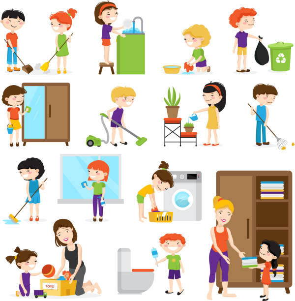 kid cleaning set Colorful cartoon set with kids cleaning rooms and helping their mums isolated on white background vector illustration household chores stock illustrations