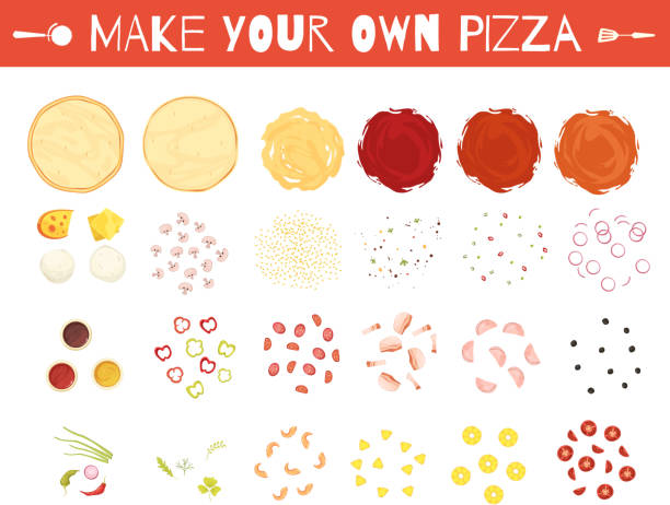 make create pizza set cartoon Set of pizza elements in cartoon style with dough vegetables cheese and meat sauces isolated vector illustration bacon illustrations stock illustrations