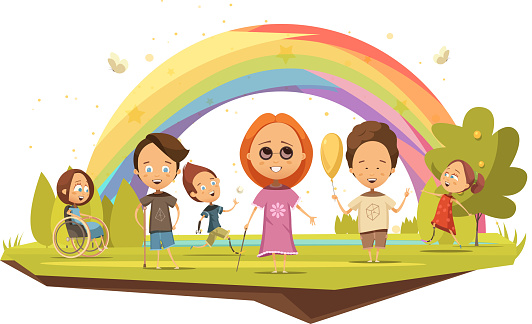 Disabled kids on wheelchair with crutch and with prosthetic limbs on rainbow background cartoon style vector illustration