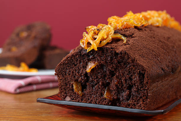 Chocolate cake with candied orange peel stock photo