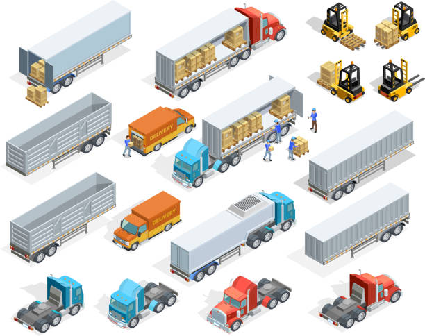 truck isometric set loading Transportation isometric elements set with loaded and empty trucks trailers boxes forklifts and workers isolated vector illustration cargo truck stock illustrations