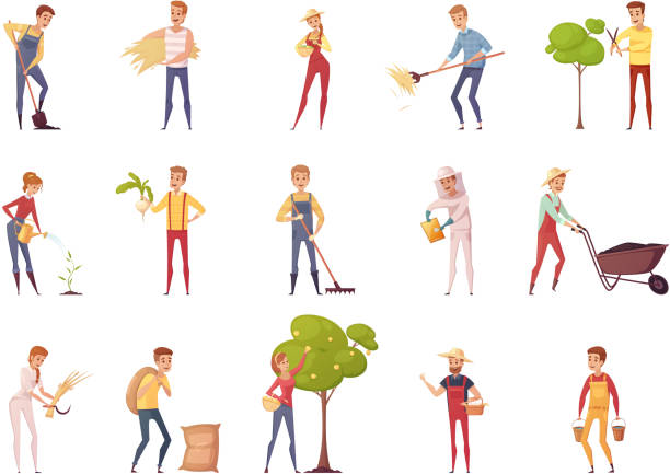 gardener farmer cartoon people Farmer gardener cartoon people characters set of isolated young male and female figures with gardening equipment vector illustration sack barrow stock illustrations