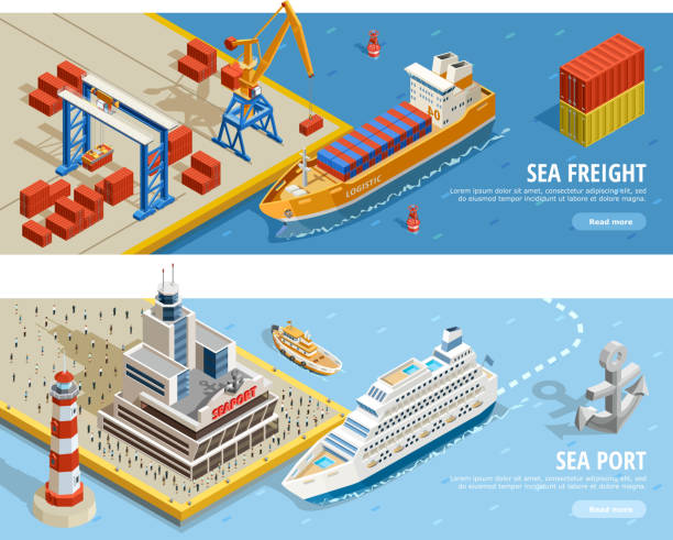 seaport isometric banner Sea transportation isometric horizontal banners with cruise and industrial ships containers crane passengers anchor lighthouse vector illustration ferry passenger stock illustrations