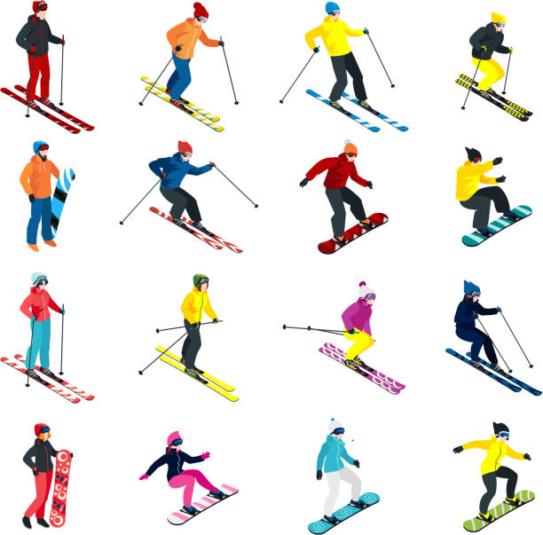 skiing set Isometric people doing skiing and snowboarding isometric set isolated vector illustration skiing stock illustrations