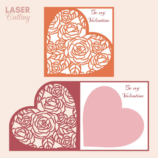 illustrazioni stock, clip art, cartoni animati e icone di tendenza di modello di biglietto pieghevole tagliato al laser con rose e foglie cuore fantasia per brochure, inviti di nozze o biglietto d'auguri di san valentino. - wedding rose lace backgrounds