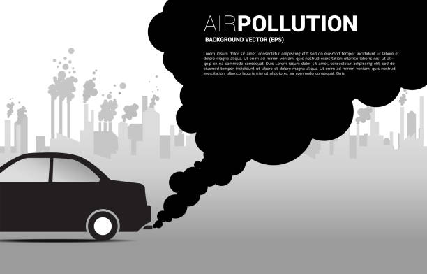 ilustrações de stock, clip art, desenhos animados e ícones de black smoke from car exhaust pipe and industrial building background. - pollution
