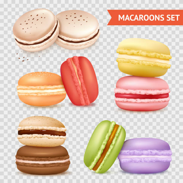 macaroons transparent set Isolated macaroons images set on transparent background with groups of two almond cakes of different colour vector illustration macaroon stock illustrations