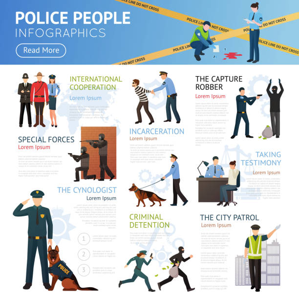police people infographics Police corps law enforcement property protection and civil disorders limiting service flat infographic poster vector illustration police interview stock illustrations