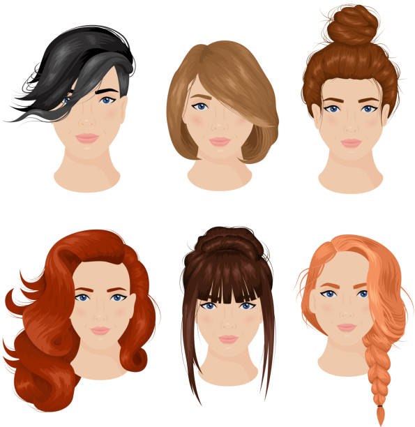 female hairstyle front Easy cute hairdo ideas for long hair 6 icons collection with bun and plait isolated vector illustration braided buns stock illustrations