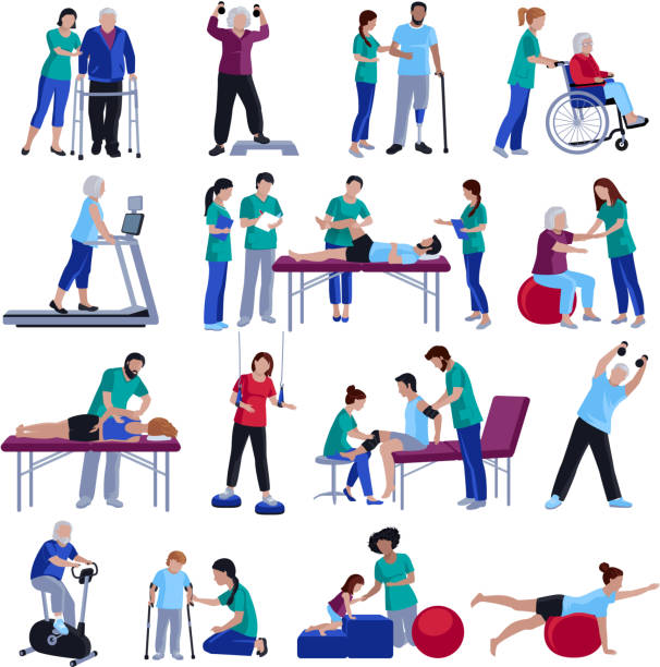 физиотерапия реабилитации людей - physical therapy stock illustrations