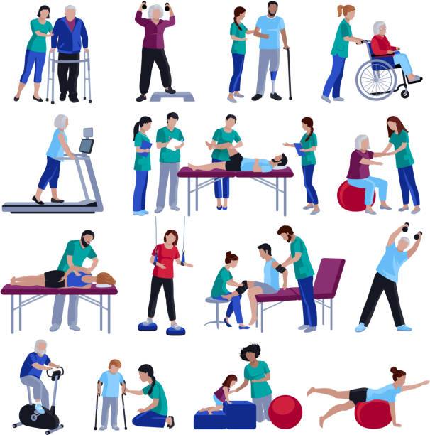 physiotherapy rehabilitation people Physiotherapy rehabilitation sessions for people with cardiovascular geriatric and neurological disorders flat icons collection isolated vector illustration physical therapy stock illustrations
