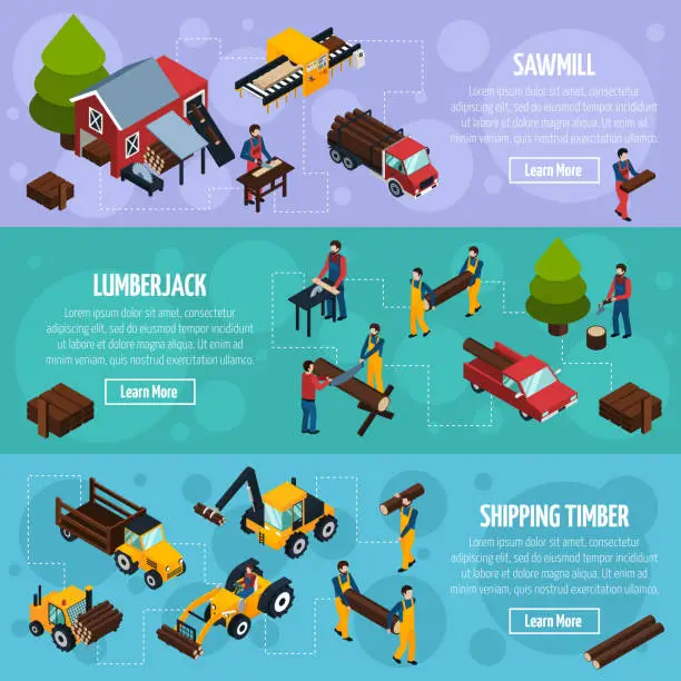 Vector illustration of sawmill timber isometric banners