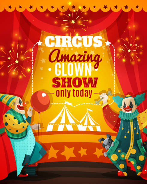 illustrazioni stock, clip art, cartoni animati e icone di tendenza di poster del circo - curtain red color image clown