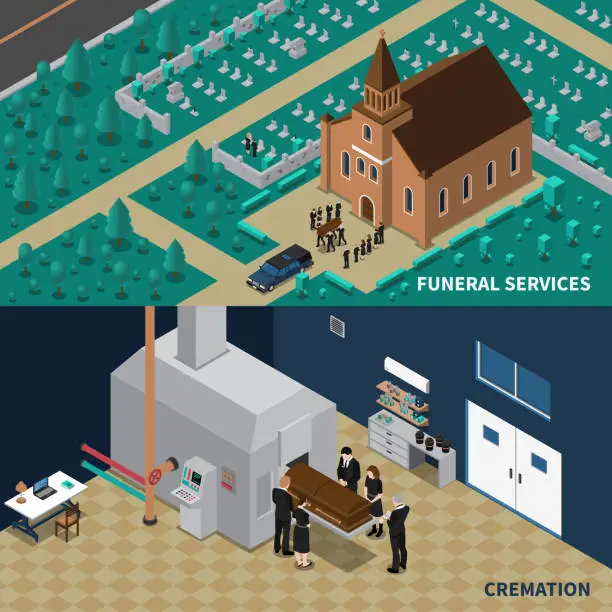 Vector illustration of funeral services isometric banners