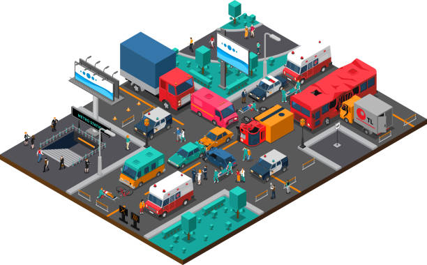 транспортная авария изометрический состав - isometric road intersection land vehicle street stock illustrations