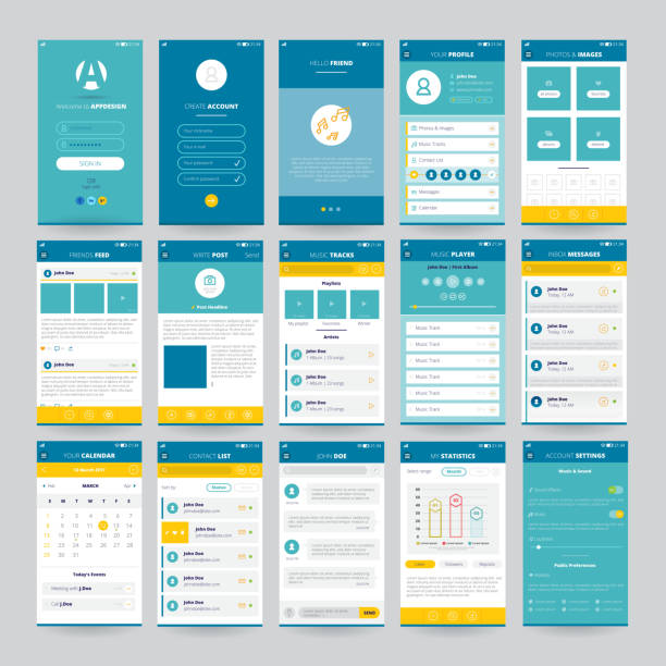 mobile screens ui ux gui template set Set of mobile screens with UI for applications including music player photos and messages isolated vector illustration infographic templates stock illustrations