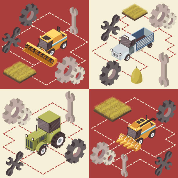 izometryczny pojazd rolniczy kwadratowy - isometric combine harvester tractor farm stock illustrations