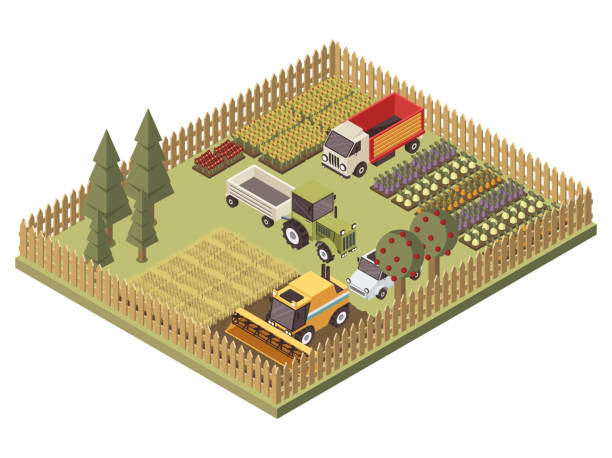 izometryczny pojazd rolniczy - isometric combine harvester tractor farm stock illustrations