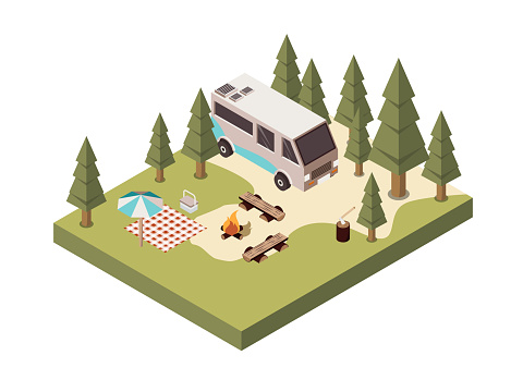 Campsite in forest isometric design with bonfire benches picnic blanket and umbrella log with axe vector illustration