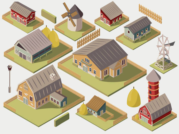 isometric farm Set of isometric farms with mills barn and silo hay fence and street lamp isolated vector illustration farm house exterior stock illustrations