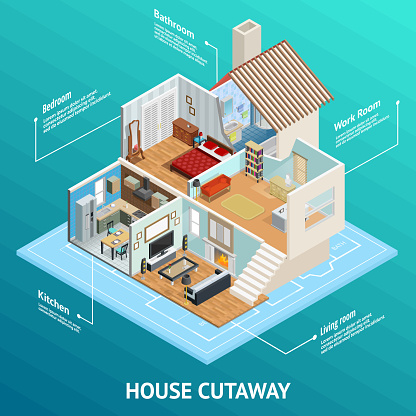 Isometric house cutaway conceptual composition with profiled home room views and text captions on abstract background vector illustration