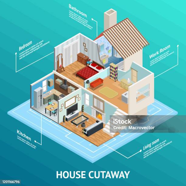 Isometric House Cutaway Stock Illustration - Download Image Now - House, Isometric Projection, Cutaway Drawing