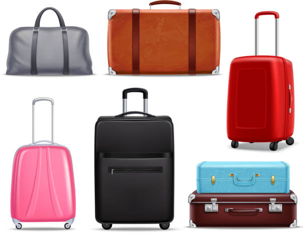 travel suitcase luggage realistic 3d set Business and family vacation travel luggage with handbag baggage modern and retro items collection realistic vector illustration luggage strap stock illustrations