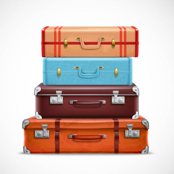 retro travel suitcase luggage realistic 3d set Classic leather retro travel suitcases pile brown blue with straps front view realistic 3d set vector illustration luggage strap stock illustrations