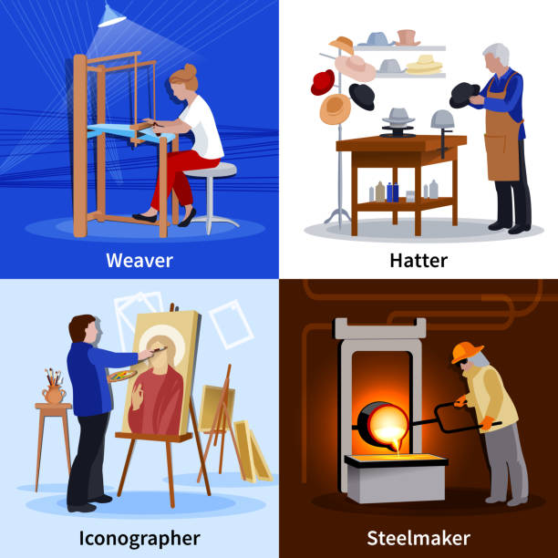 handwerker flach menschen 2x2 - filzarbeiten stock-grafiken, -clipart, -cartoons und -symbole