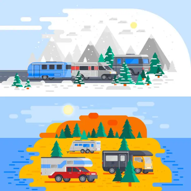 Vector illustration of recreational vehicles rv orthogonal flat compositions