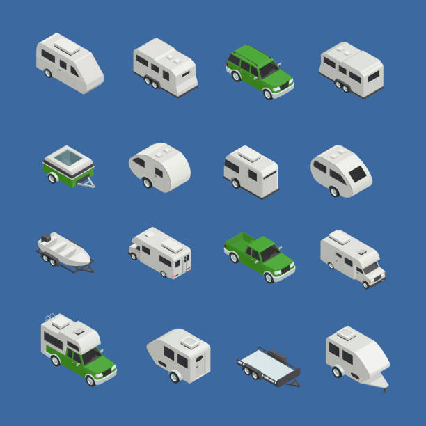 recreational vehicles rv isometric Recreational vehicles isometric icons set on blue background isolated vector illustration boat trailer stock illustrations