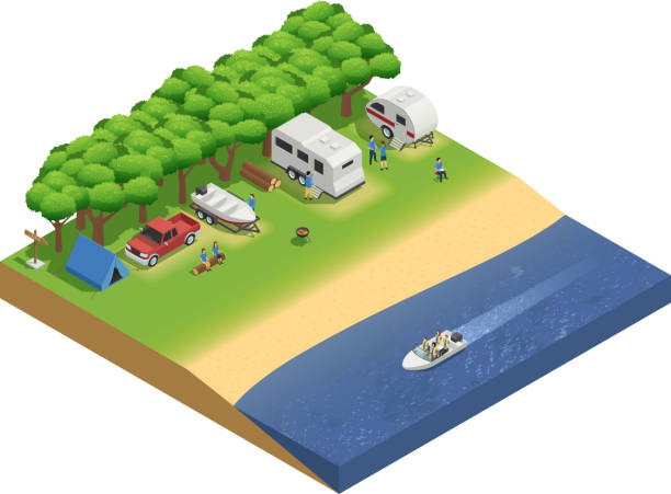 recreational vehicles rv isometric composition Recreational vehicles on beach isometric composition with people and boat vector illustration boat trailer stock illustrations