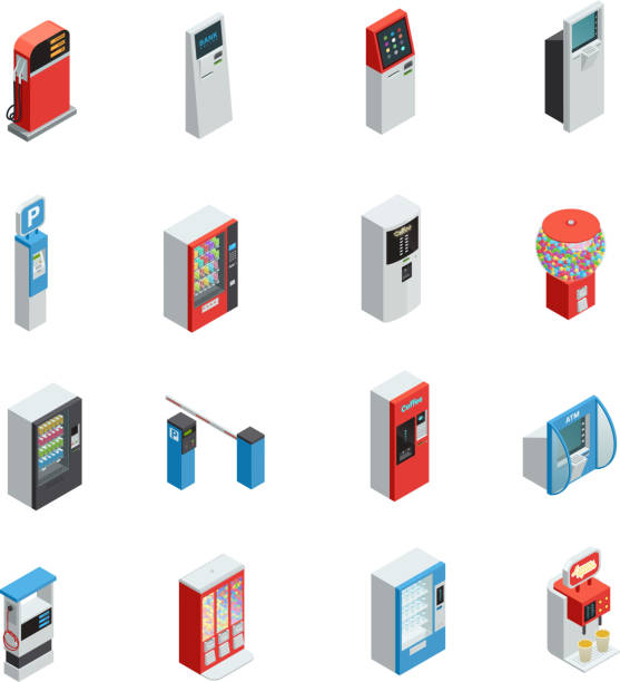 торговые автоматы изометрические значки - vending machine machine candy selling stock illustrations