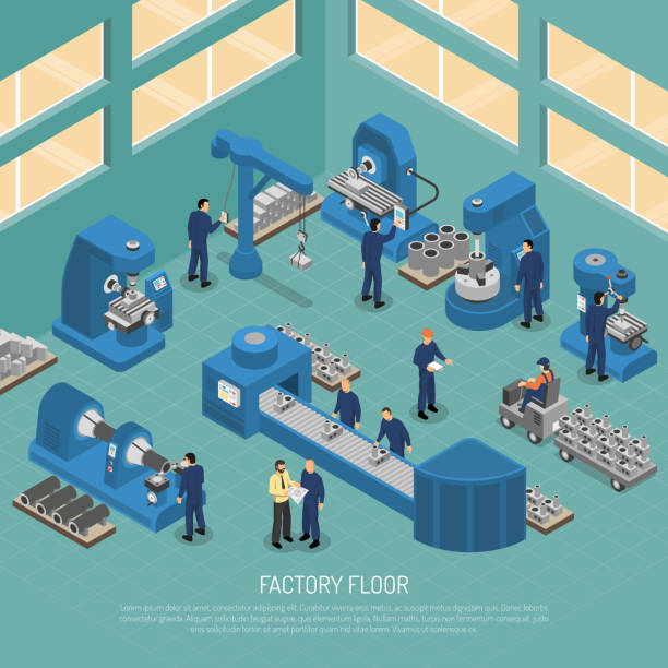 isometric heavy industry illustration Heavy industry production manufacturing process with workers and equipment machinery on factory floor isometric poster vector illustration industry illustrations stock illustrations