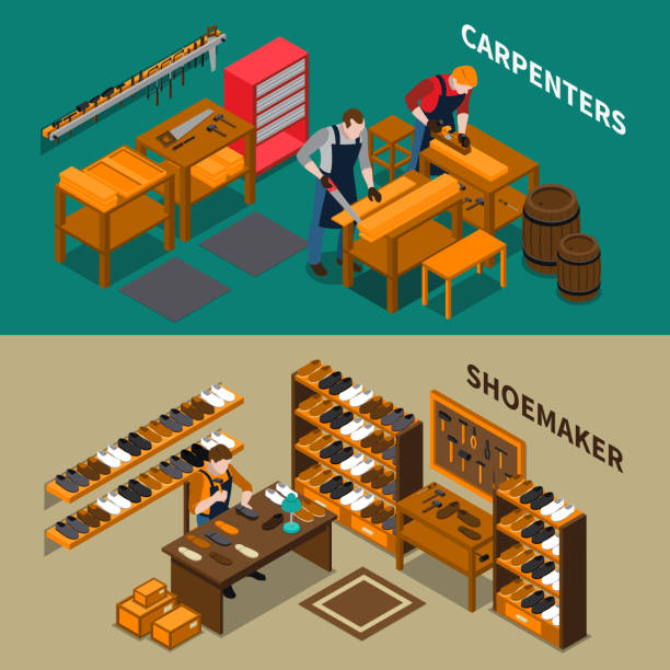 craftsman isometric people banners Craftsman isometric horizontal banners including carpenters with planks in workshop and creation of shoes isolated vector illustration shoemaker stock illustrations