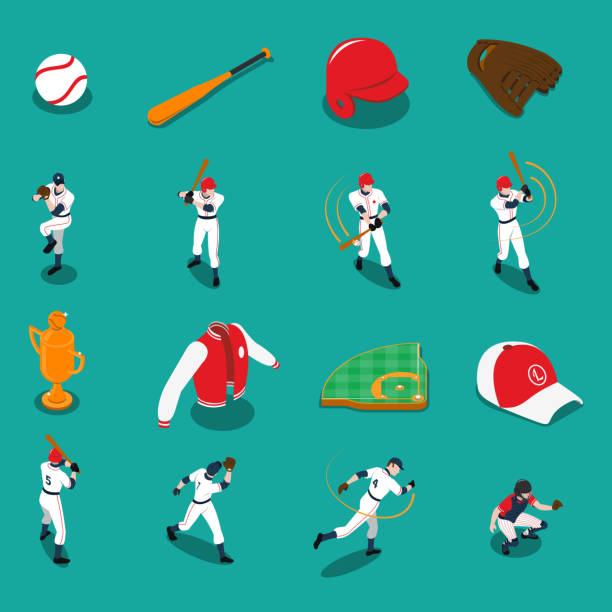 ilustraciones, imágenes clip art, dibujos animados e iconos de stock de iconos isométricos de béisbol - baseball strike