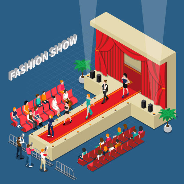 fashion model catwalk walkway isometric composition Fashion show isometric composition with models on catwalk with red curtain media and guests vector illustration vogue cover stock illustrations